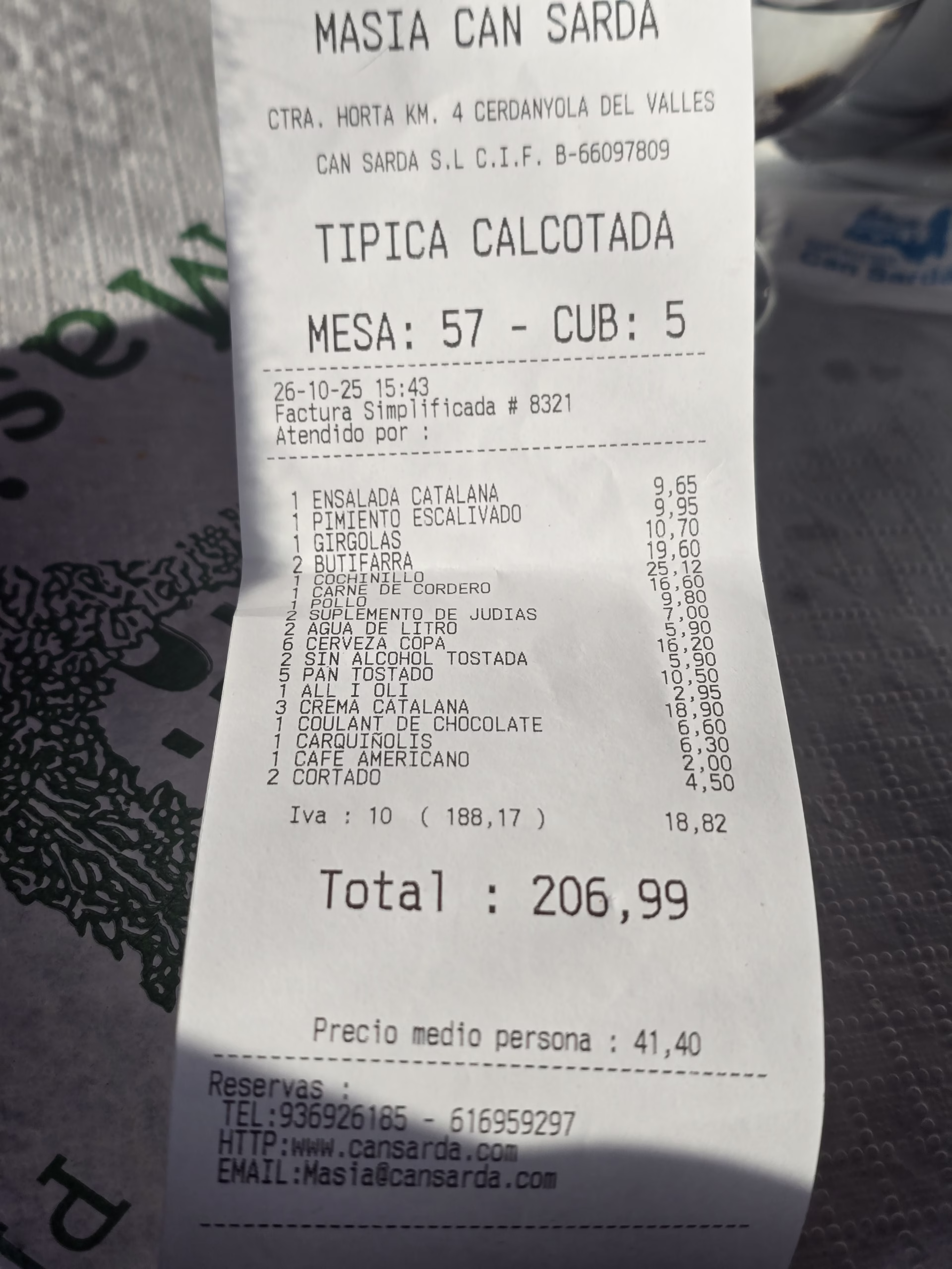 La cuenta para 5 personas La cuenta para 5 personas